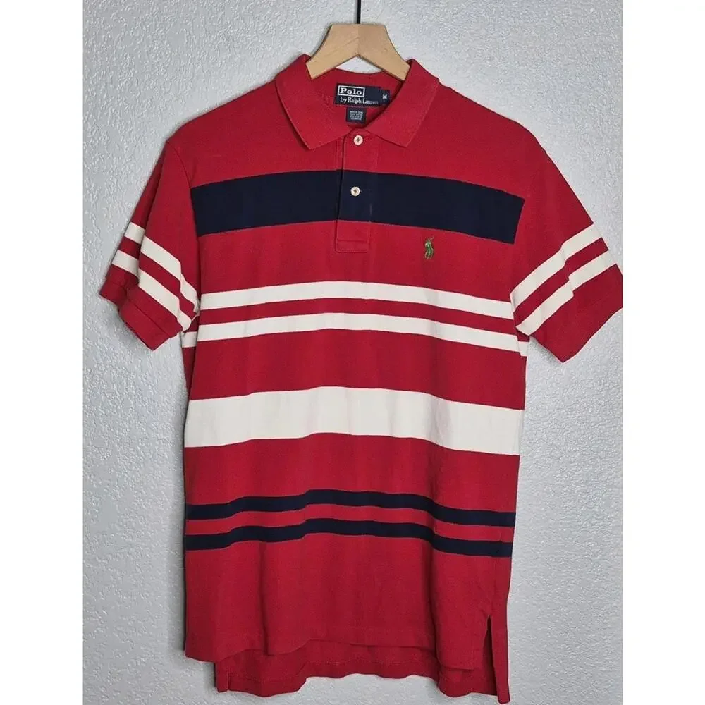 Polo Ralph Lauren Men’s Medium Red Striped Short Sleeve Polo Shirt Cotton...